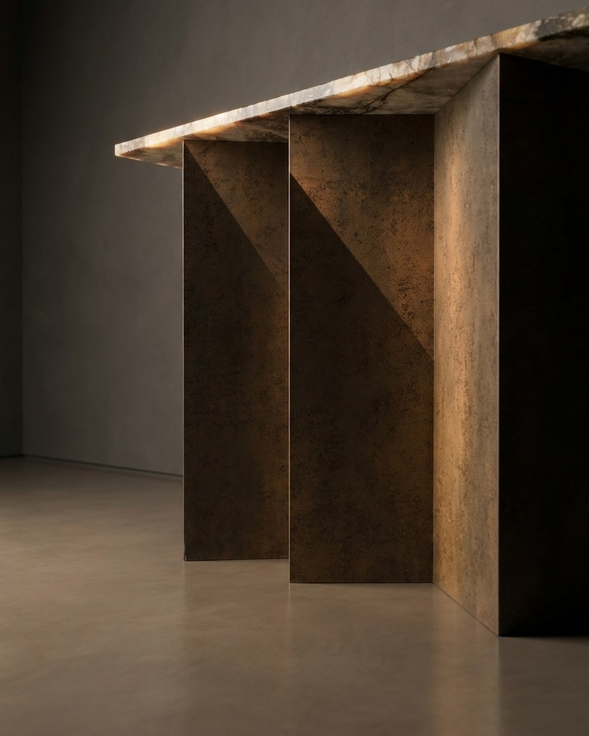 The Folded Console seen end-on, the zigzag of the folded steel base reading as a single line