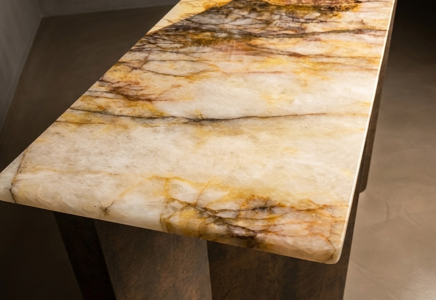 The Folded Console from a raking angle, the full length of the quartzite slab in view