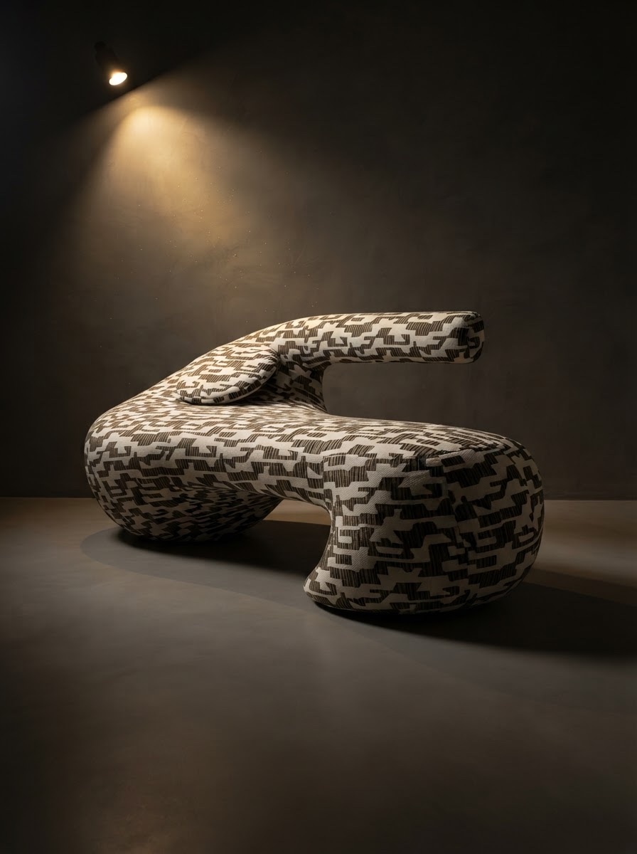 The Ribbon Chaise — a one-of-one sculptural sofa in a dark gallery