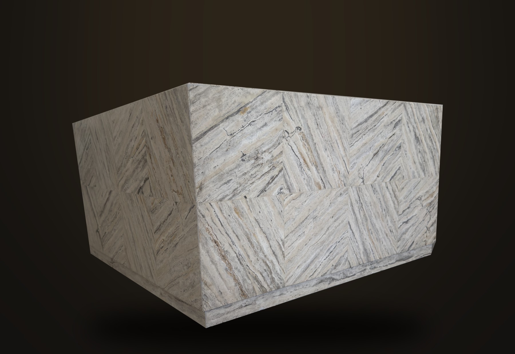 The Travertine Cube, low corner view showing the diamond-matched stone veining wrapping the edge