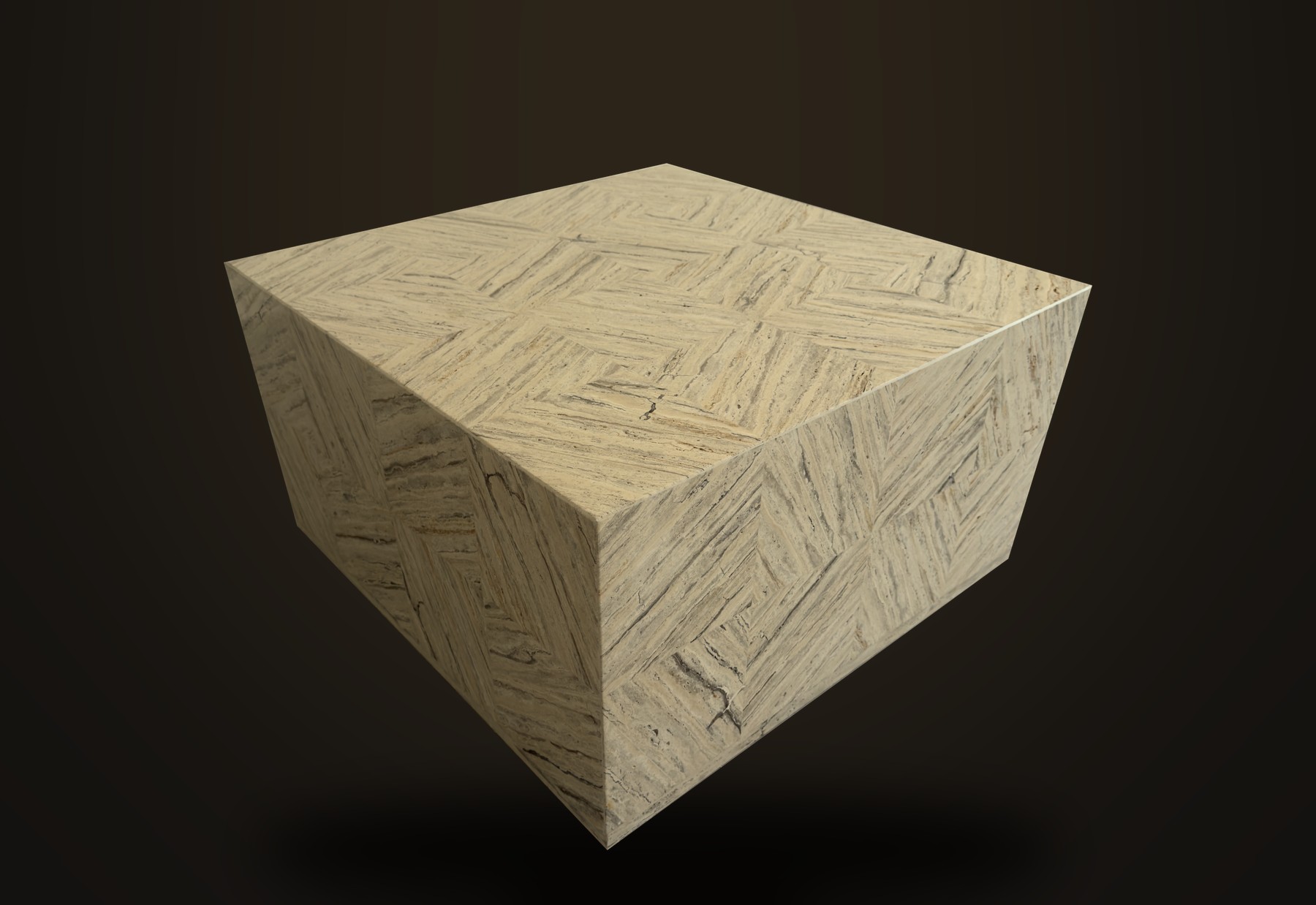 The Travertine Cube — a one-of-one diamond-matched stone table in a dark studio